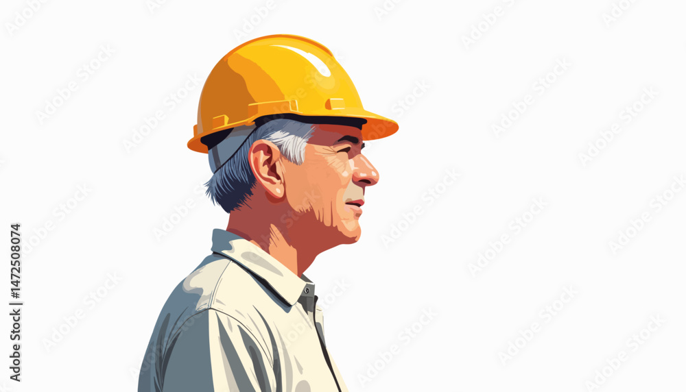 Elderly builder wearing helmet in profile, construction symbolism Elderly builder wearing helmet in profile, construction symbolism