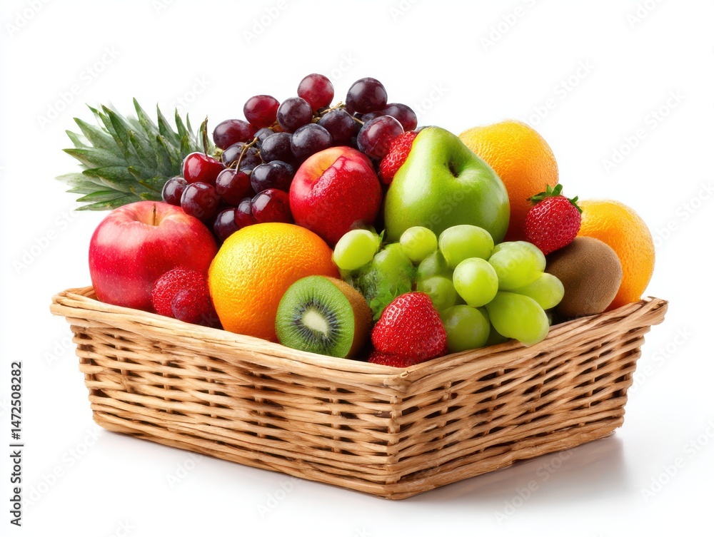 Fruit basket isolated on white background, healthy eating and nutrition use cases. Fruit basket isolated on white background, healthy eating and nutrition use cases.