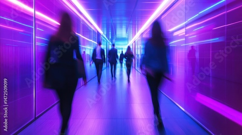 Blurred figures moving through a vibrant light tunnel.