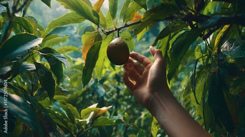 Point of view of hand picking avocado from tree in natural light