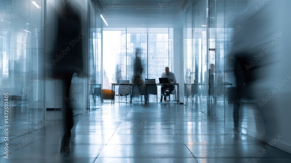 Modern office corridor with blurred figures. Modern office corridor with blurred figures.
