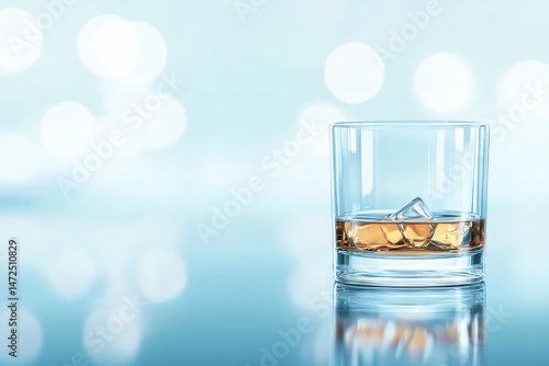 Wallpaper Mural A glass of whiskey with ice sits on a reflective surface against a soft, blurred blue background. Torontodigital.ca