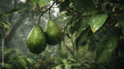 Wet avocados on tree during light rain in tropical orchard