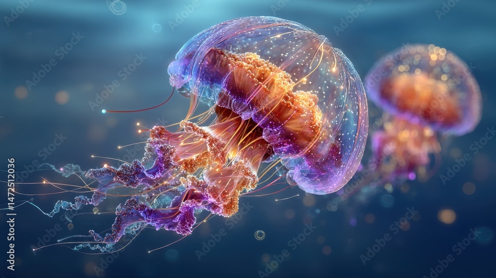 Naklejka premium transparent jellyfish with internal neon circuits floating in a deep blue ocean, sci-fi marine life
