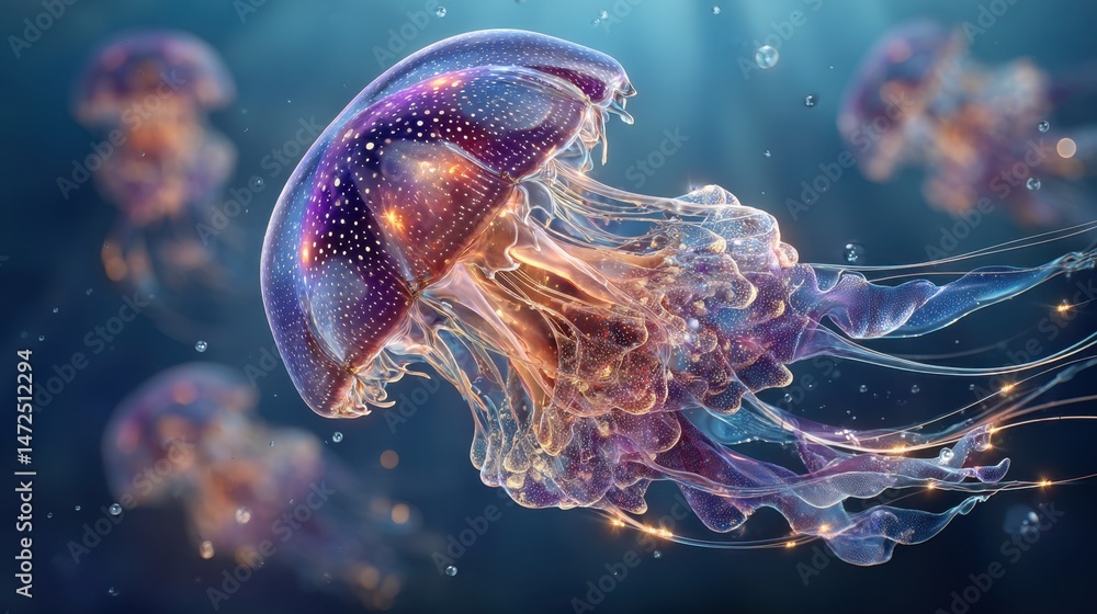 Naklejka premium transparent jellyfish with internal neon circuits floating in a deep blue ocean, sci-fi marine life