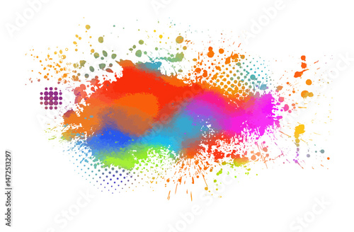 Bright colorful watercolor stain splash splatter brush stroke on white background. Modern vibrant aquarelle spot. Decorative trendy isolated design on white. hand drawn. Not AI. Vector illustration