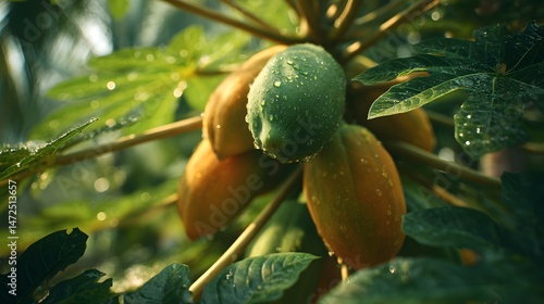 Close-up of ripe papayas on tree with morning dew