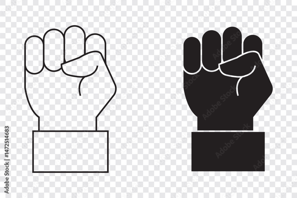 Obraz premium Raised hand with clenched fist icon. Fist raised up strong arm line icon, fist up power Concept of protest, rebel, political demands, revolution, unity, cooperation, lives matter .