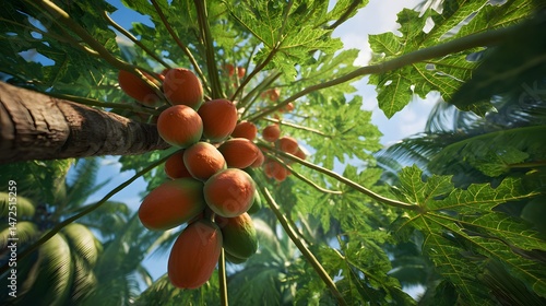 Point of view looking up at ripe papayas on a tree