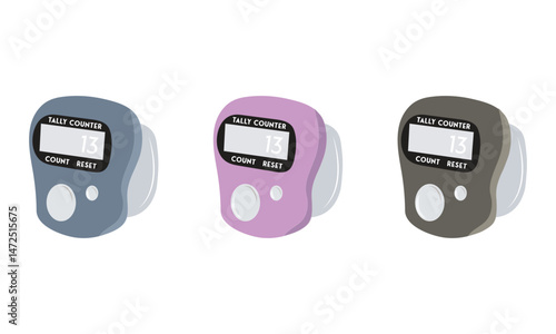 Three Handheld Digital Tally Counters in Different Colors Vector Illustration, Praying Counter.