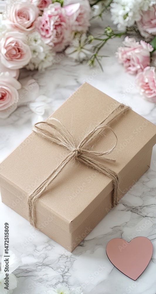 Beige gift box tied with twine, surrounded by pastel flowers Beige gift box tied with twine, surrounded by pastel flowers