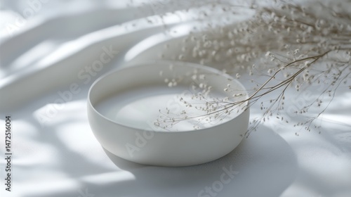 Minimalist White Bowl with Dried Flowers on Soft Fabric Background