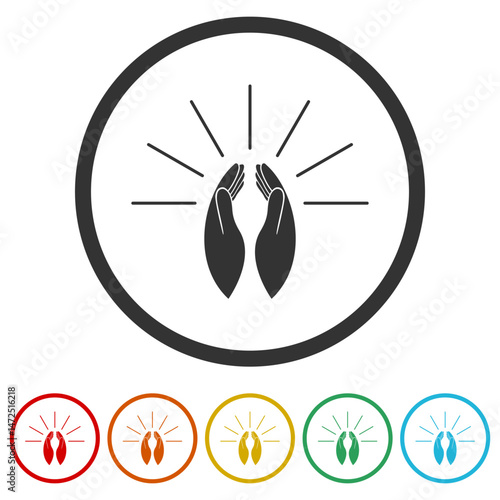 Hands praying icon. Set icons in color circle buttons