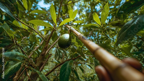 Point of view picking avocado from tree using bamboo stick tool