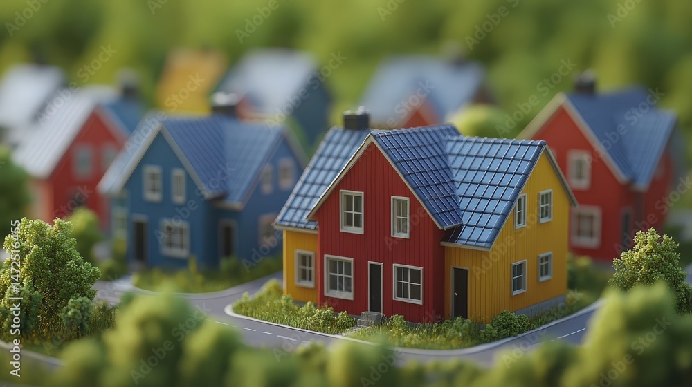 Colorful miniature houses surrounded by greenery creating a charming neighborhood scene Colorful miniature houses surrounded by greenery creating a charming neighborhood scene