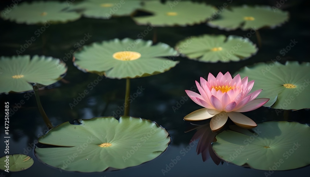 A vibrant pink lotus flower gracefully blooms amidst lily pads on a tranquil pond setting. A vibrant pink lotus flower gracefully blooms amidst lily pads on a tranquil pond setting.