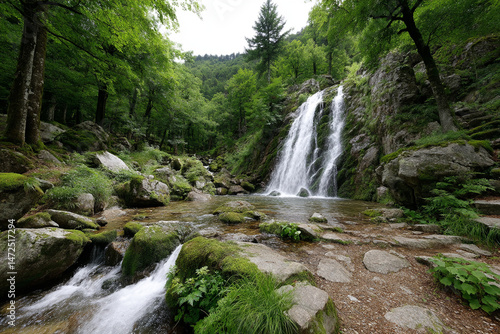 Lush forest waterfall cascading through mossy cliffs 32k, full ultra hd, high resolution