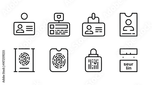 A collection of simple, black line icons depicting various forms of identification, security, and authentication