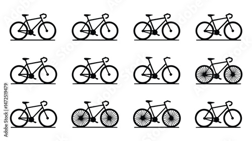 A grid of nine black outline bicycle silhouettes, showing various styles