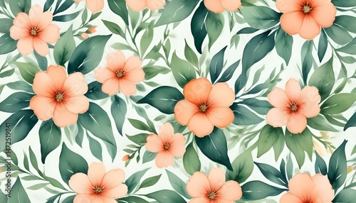 A charming watercolor floral design showcases peach blooms intertwined with lush green foliage.