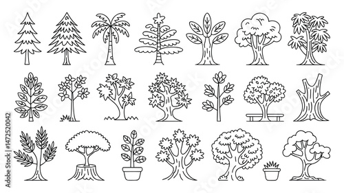 This image showcases a diverse collection of various tree types in a simple, black line art style