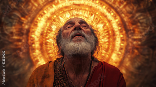 Elderly guru under radiant halo