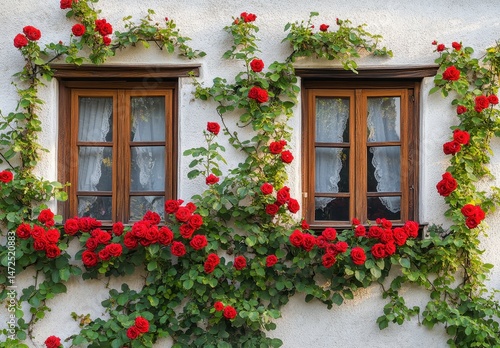 Charming Rustic House Exterior with Vibrant Red Roses Climbing Up Windows Surrounded by Green Foliage on a Bright Sunny Day