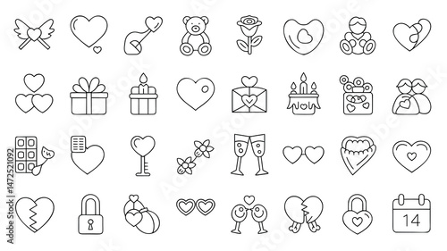 This image features a collection of 20 simple, black-line Valentine's Day icons