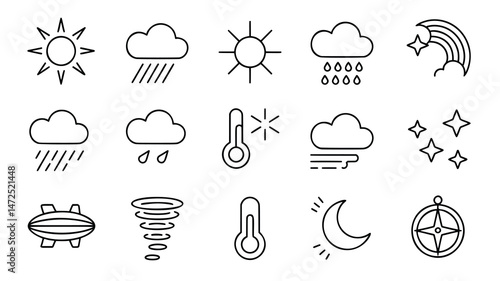 A set of 12 simple, black outline icons representing various weather conditions