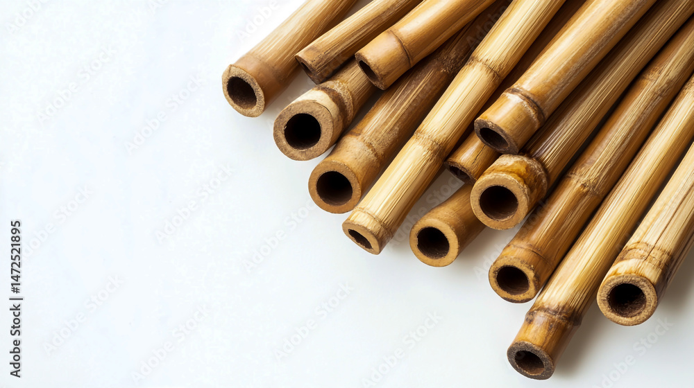 Fototapeta premium A set of bamboo tubes, arranged in an artistic pattern on a white background. The wooden tubes have many small holes at one end and are used as material for making various accessories such