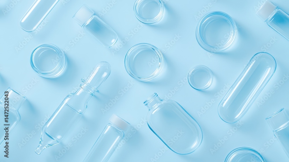 Clear glass shapes on a light blue background. Good for showing ideas about medicine, beauty products, or science.
Clear glass shapes on a light blue background. Good for showing ideas about medicine, beauty products, or science.