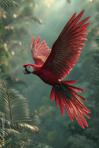 Macaw flying through a dense tropical rainforest 32k, full ultra hd, high resolution
