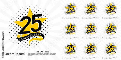 Set of 15-95th years anniversary celebration emblem. congratulations anniversary logo isolated with ribbon and star on white background. vector illustration template design 