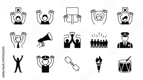 A collection of black and white vector icons representing various aspects of protest, civic engagement, and social action