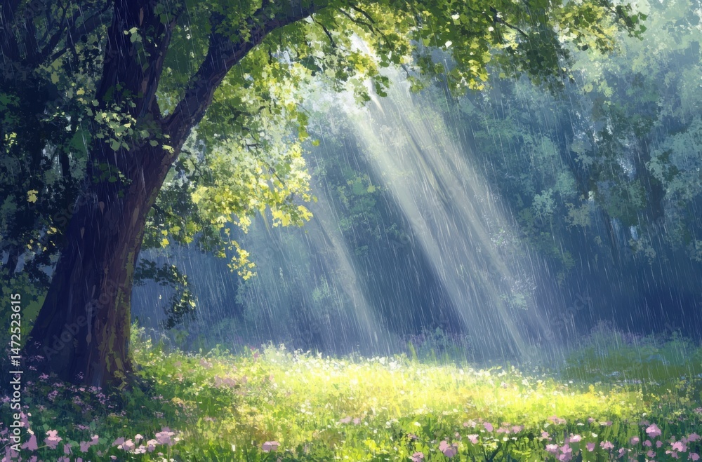 Obraz premium Soft light shining through rain in early spring