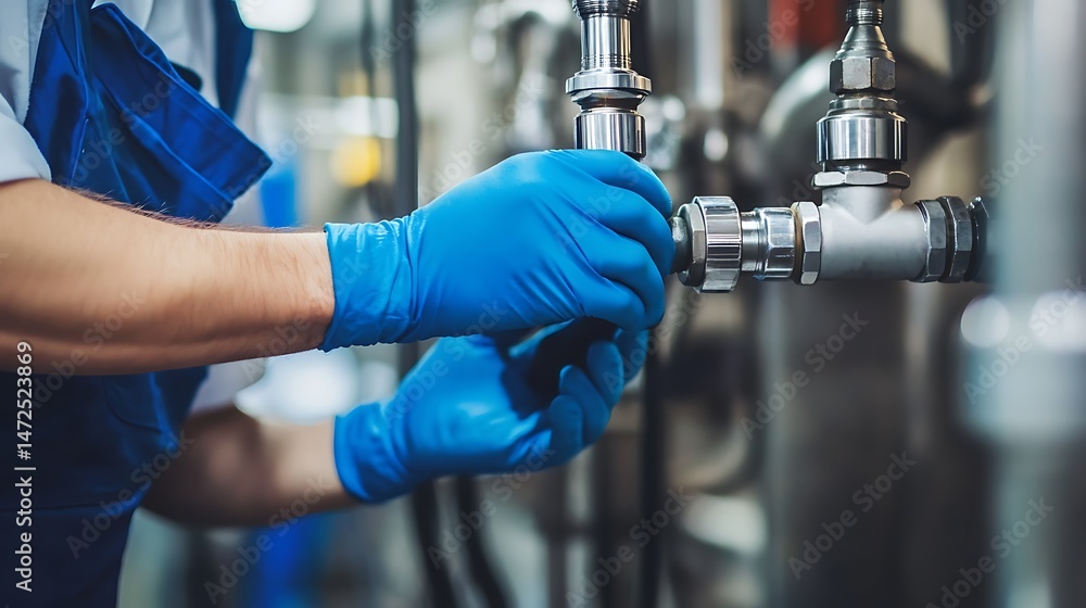 Plumber fixing water pipe with worker in blue gloves in factory setting for website banner . Plumber fixing water pipe with worker in blue gloves in factory setting for website banner .