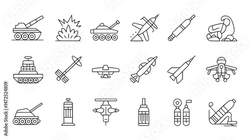 A collection of black line art icons depicting various military and aerospace equipment, including tanks, missiles, aircraft, and other weaponry