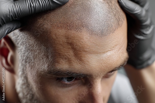 Close-up of a man undergoing scalp micropigmentation treatment