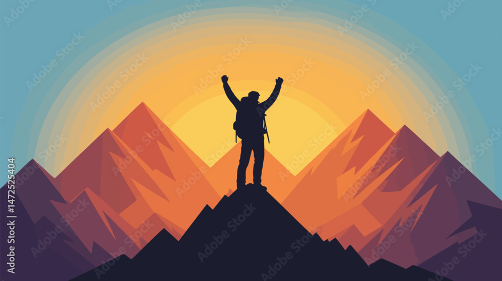 Silhouette of a Hiker on a Mountain Peak at Sunset with Vibrant Gradient Sky, Nature Adventure Concept for Outdoor Enthusiasts, Exploration and Travel Inspiration Silhouette of a Hiker on a Mountain Peak at Sunset with Vibrant Gradient Sky, Nature Adventure Concept for Outdoor Enthusiasts, Exploration and Travel Inspiration