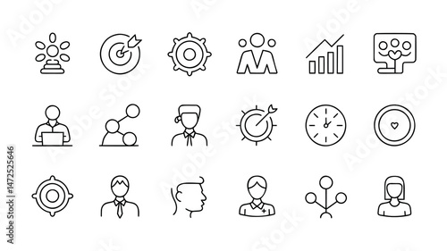 This set of black line icons displays various business concepts, including productivity, collaboration, target setting, communication, and time management