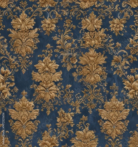 Intricate blue and gold floral damask, seamless repeat  , refined, ornate