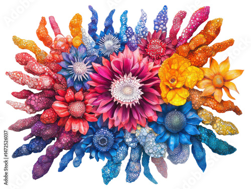 Vibrant floral art display studio digital artwork abstract close-up. Isolated on transparent background, png.
