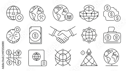 A collection of minimalist line art icons representing global business, technology, and financial concepts