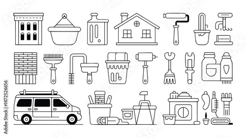 A set of simple, black and white line art icons depicting various home improvement tools, supplies, and structures