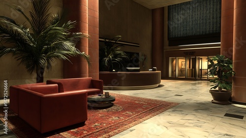 Elegant interior lobby with reception desk and comfortable chairs