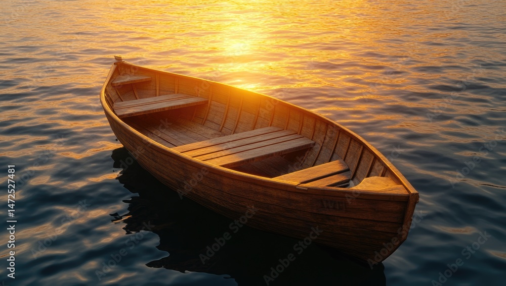 Obraz premium Wooden Rowboat on Calm Water at Sunset