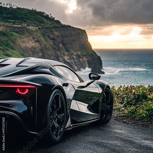 Mid-engine exotic car parked on cliffside scenic road