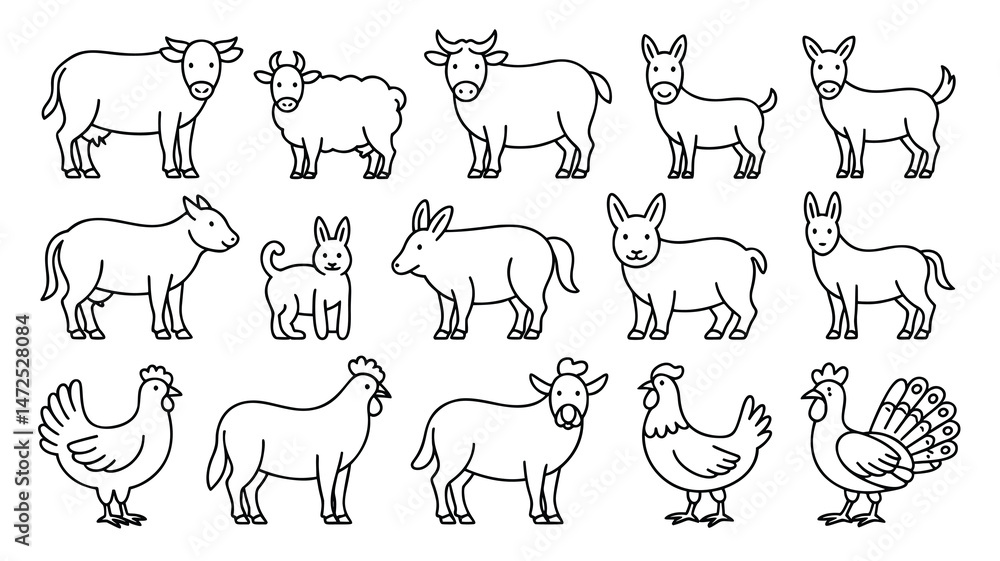 Fototapeta premium A collection of various farm animals depicted in simple, black line art