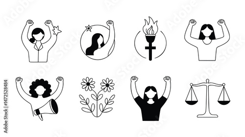 This graphic features six simple line art icons, highlighting women in various powerful positions
