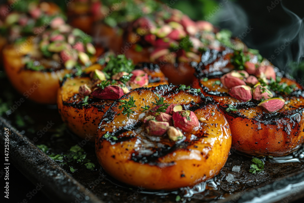 Roasted peaches with basil, garlic, and pine nuts. Roasted peaches with basil, garlic, and pine nuts.